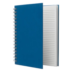 Blue spiral notebook open with blank lined pages isolated on transparent background
