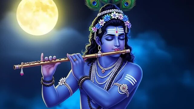 Lord Krishna Flute Night Moon Art.