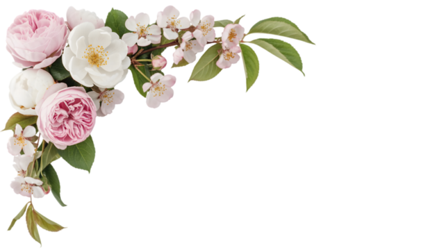 Delicate floral corner arrangement with roses and blossoms isolated on transparent background, design - Powered by Adobe