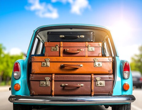 Fototapeta Vintage car loaded with suitcases on a sunny day