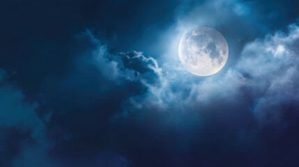 Bright full moon illuminates a mystical night sky with ethereal clouds