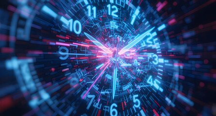 Futuristic Digital Clock with Neon Blue and Red Light Trails, Illustrating Time's Passage in a Technological Realm