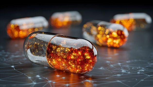 Close-up of transparent medical capsules filled with glowing orange particles resting on digital network grid. Represents advanced healthcare, AI, blockchain technology integration for innovative