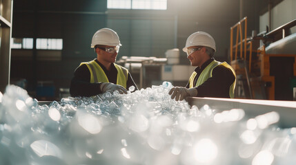 two factory workers collaborating in a recycling facility, both wearing helmets, reflective vests, and gloves, sorting plastic bottles together on a conveyor belt, large industrial machines 