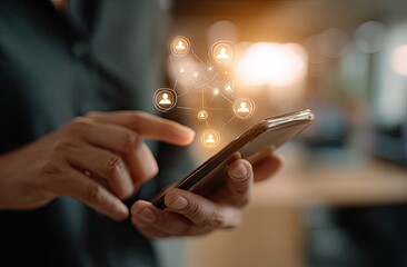 Person using smartphone, connecting with network of people digitally