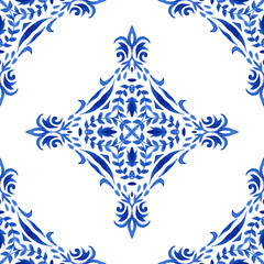 Damask hand drawn floral design tile. Abstract seamless ornamental watercolor paint pattern for fabric