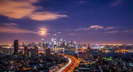 Fototapeta premium Shanghai Nightscape A Breathtaking Panorama of City Lights and Moonlit Skies