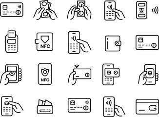 Digital payment icons, credit card, cash, mobile payment, NFC technology, wallet, contactless payment, secure transactions, POS terminal, finance, banking, money transfer
