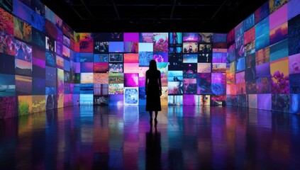 Woman silhouetted against a vibrant, immersive digital art installation