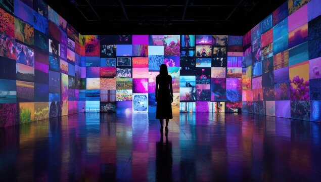 Woman silhouetted against a vibrant, immersive digital art installation