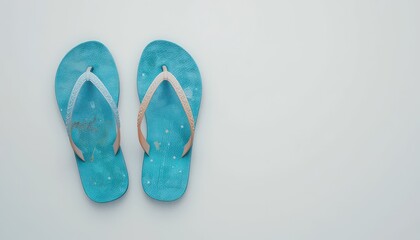 Fototapeta premium A pair of blue flip flops with white straps on a white background in a studio shot from above