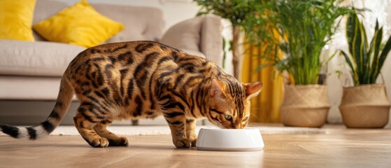 The Bengal cat enjoying its meal in a cozy indoor environment.