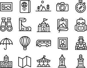 Travel icons, adventure symbols, passport, camera, compass, binoculars, castle, hiking gear, backpack, hot air balloon, bus,