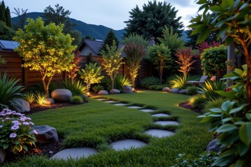 a small garden maintained with smart irrigation, robotic lawn mowers, and solar powered soft lights producing gentle textures and peaceful tranquil meditation environment
