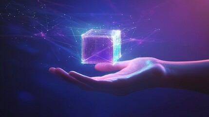 Futuristic glowing cube floating above human hand, digital hologram projection, abstract technology visualization, artificial intelligence and blockchain innovation concept, science background