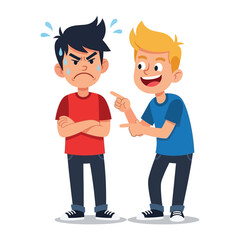 Obraz premium The weight of Mockery: Illustration of a moment depicting social interactions, a boy confronts the torment of another's taunting, encapsulating the raw emotions and complexities of the situation. 