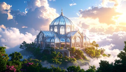Fototapeta premium Floating Glass Cathedral in a Cloudy Sky Paradise.