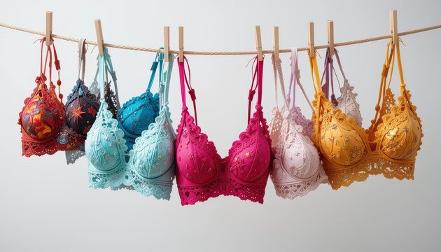 Colorful bras hanging on a clothesline with wooden clothespins against a white background indoors