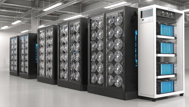 Data center with rows of server racks and power units