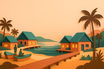 Coastal eco-lodge scene at sunset in paper cut style, with palm trees, stilt houses, warm orange and green hues, perfect for travel promotion.