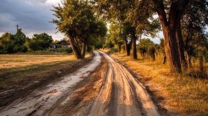 Fototapeta premium Rural dirt road with tire tracks and trees