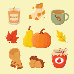 Pumpkins, cinnamon scented candle, jar of strawberry jam, autumn leaves, cute socks, scarf, several acorns and cup of tea. Fall season set, vector illustration.