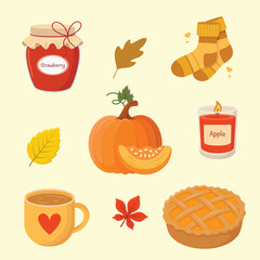 Pumpkin, cute cocks, cup of tea, apple scented candle, homemade pie, jar of strawberry jam and autumn leaves. Fall season set, vector illustration.