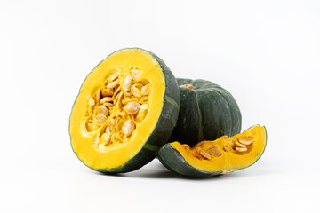 Whole and Halved Green Pumpkin on White Background – Organic Autumn Harvest