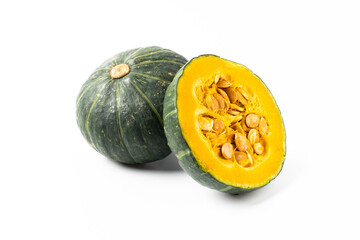 Whole and Halved Green Pumpkin on White Background – Organic Autumn Harvest