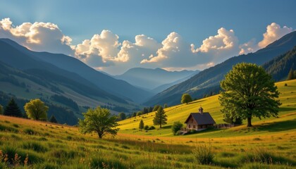 a tranquil valley with softly glowing free floating clouds above casting gentle light on meadows and trees enhancing calm magical dreamlike landscape