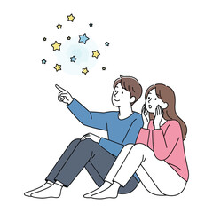 Stargazing Couple: A sweet couple, lost in wonder, gazes at a constellation of luminous stars. This illustration captures a sense of peace, imagination, and the magic of shared moments.