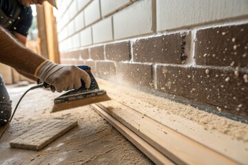 A carpenter sands a wooden plank, generating sawdust in a workshop during construction.