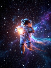 Astronaut floating in vibrant colorful nebula surrounded by stars exploring the vastness of outer space with a sense of wonder and discovery