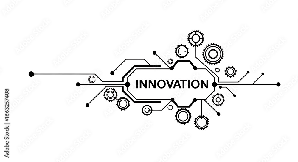 Aufkleber illustration of innovation text surrounded by gears and circuit board elements on a white background