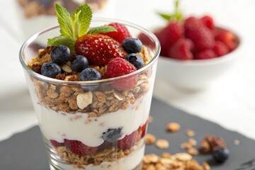 A vibrant parfait with fresh berries, granola, and yogurt, perfect for a healthy treat