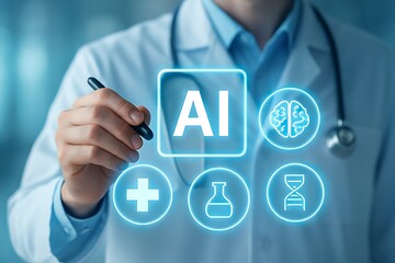 Medical professional uses a pen on an illuminated screen showing healthcare and science icons.