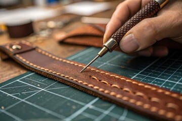 A craftsman works on a leather belt, using a specialized tool for stitching and intricate details.