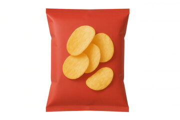 Crispy potato chips cascading over branded red packaging, demonstrating product design against transparent backdrop