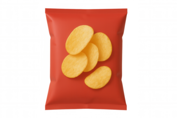 Crispy potato chips cascading over branded red packaging, demonstrating product design against transparent backdrop