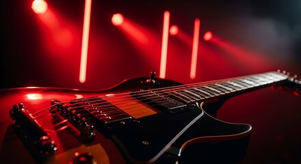 Vibrant red and blue concert stage lights illuminate an electric guitar, creating an abstract rock and roll night