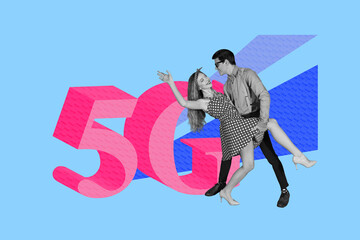 Full 3d zine trend photo collage of happy girl guy stand together 5g connection network fast...
