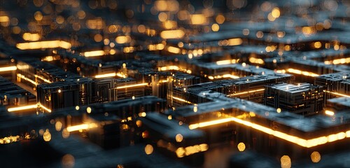 Glowing, intricate network of dark cubes and vibrant orange lines