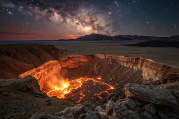 Fototapeta premium Fiery volcanic eruption under a mesmerizing starry night sky.
