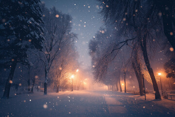 A snowy night scene with trees and lights in the background, snow falling gently on the ground, creating an atmosphere of tranquility and romance. The focus is on the soft glow from streetlights refle