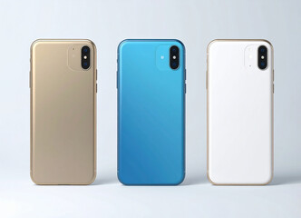 Three modern smartphones in gold, blue and white colors displayed upright on neutral background. Sleek design with dual cameras, glossy finish and minimalist contemporary style.
