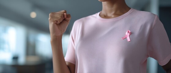 The woman showing strength and support for breast cancer awareness with a pink ribbon.