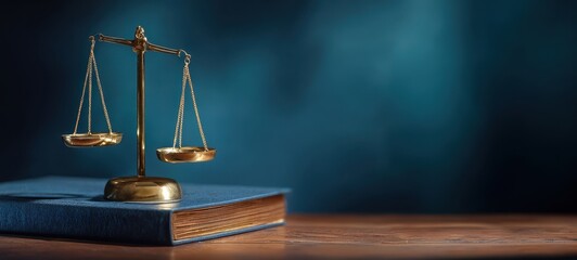 The balanced scales of justice representing law and order in a courtroom setting.