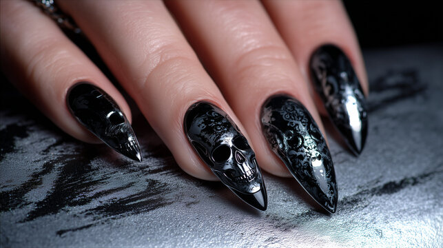 Macro of nail design with emo skull and death motif details on grunge surface. Concept of gothic fashion moodboard, Halloween theme 
