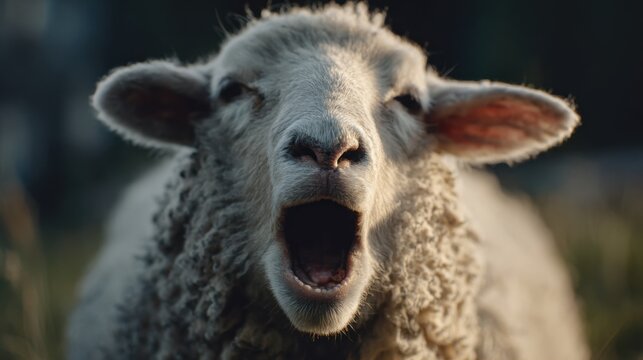 Sheep bleating in meadow with lush green background during sunrise