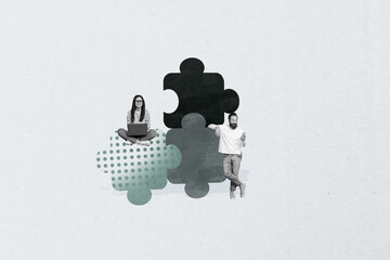 Collage of young business people standing by colorful puzzle pieces symbolizing solution teamwork...